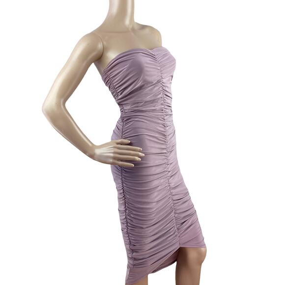 Sabora Women Lavender Ruched Knee Length Strapless Tube Bodycon Dress Size M - Picture 3 of 6
